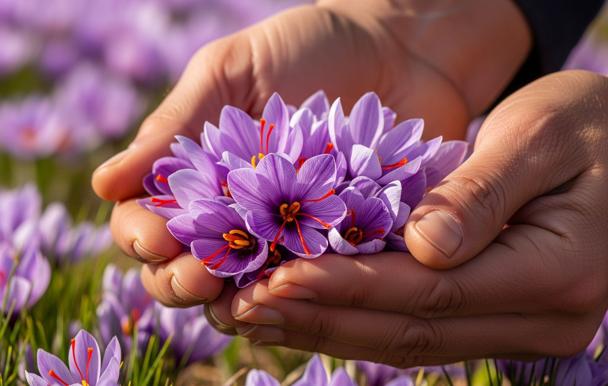 Person holding pure saffron supplement in their hand with a saffron flower field in the background.