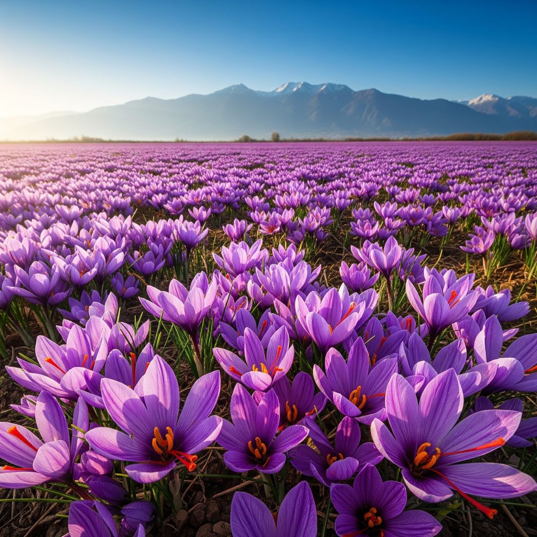 Vibrant saffron flower field with purple blooms harvested for making saffron pills.