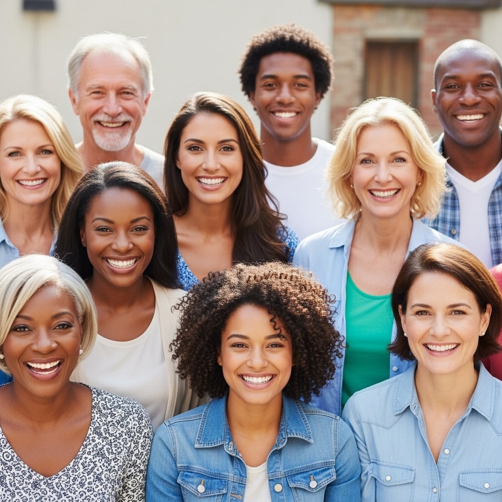 A diverse group of happy customers smiling together, showing satisfaction after using a saffron supplement.