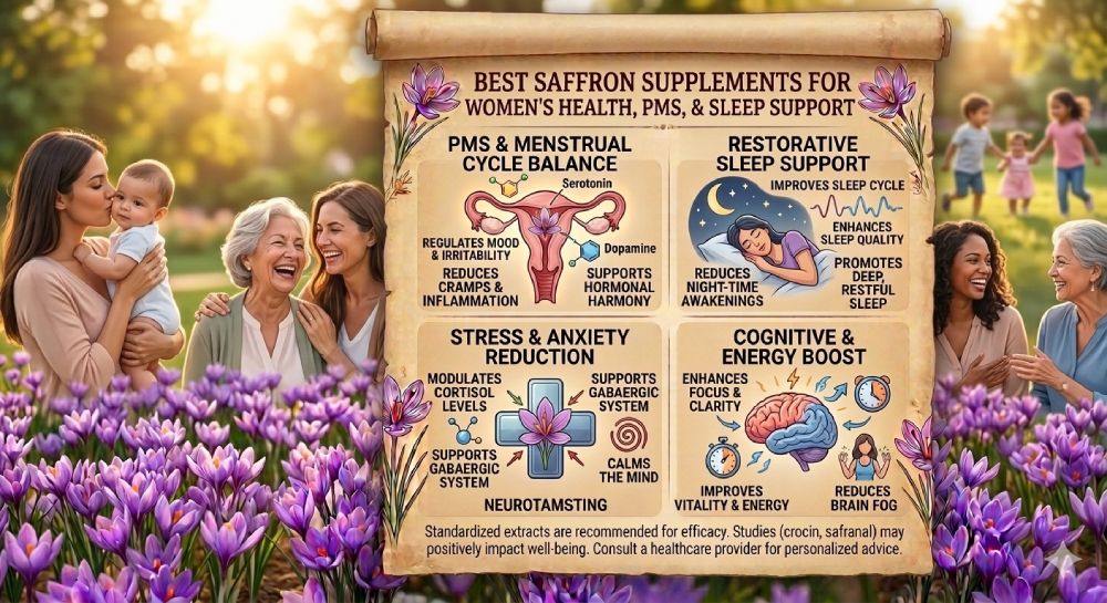 Saffron supplement capsules and Crocus sativus threads highlighting benefits for women’s health, PMS relief, and sleep support.