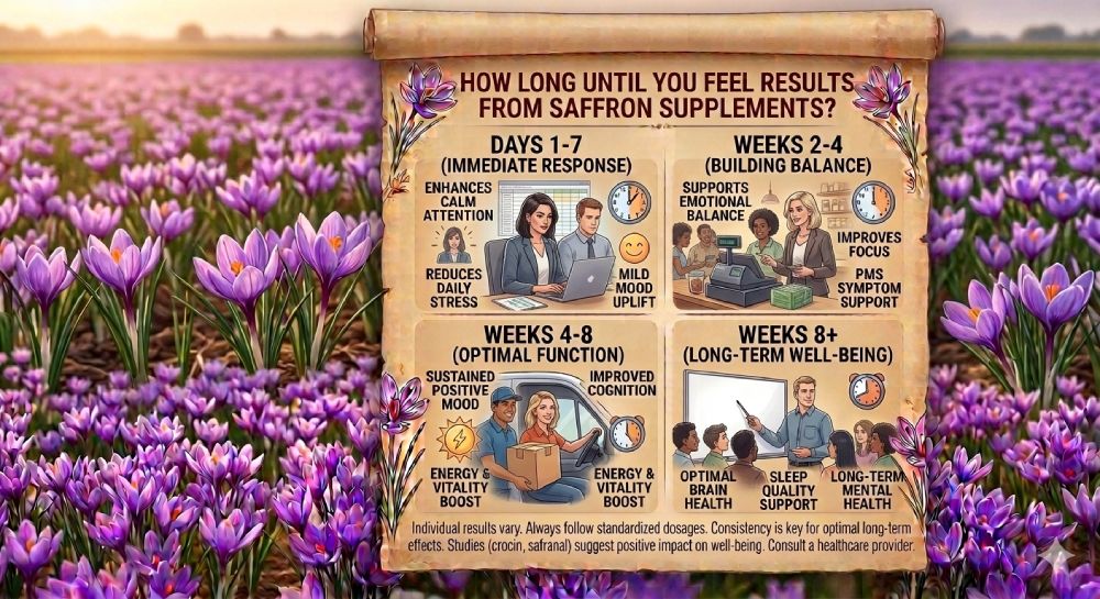 Saffron supplement capsules with Crocus sativus threads illustrating the timeframe for experiencing mood, wellness, and energy benefits.