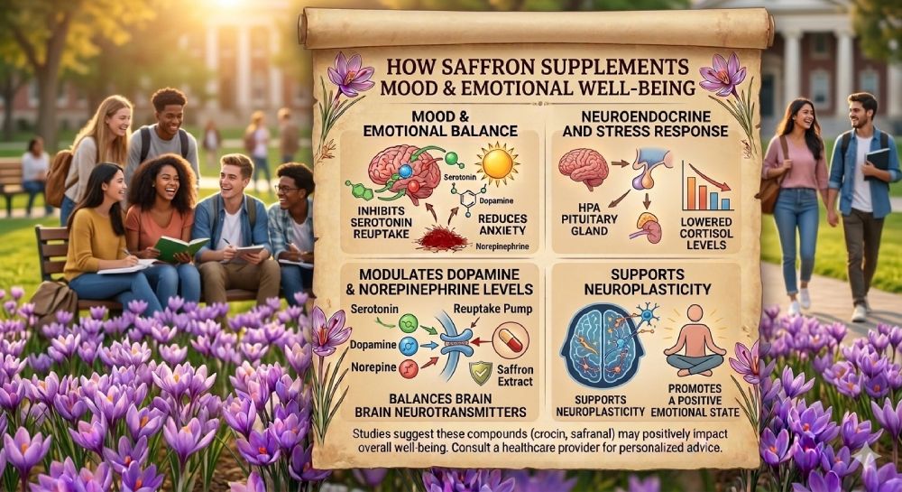 Saffron supplement capsules with Crocus sativus threads illustrating mood enhancement and emotional well-being support.