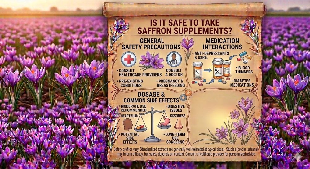 Saffron supplement capsules with Crocus sativus threads highlighting safety and proper usage information.