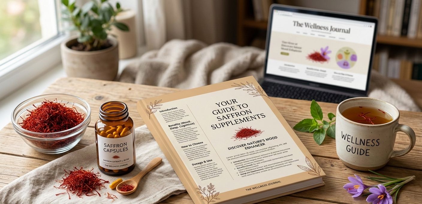 Premium saffron supplement capsules in a bottle with red saffron threads from Crocus sativus – ultimate guide to benefits, dosage, and best products.