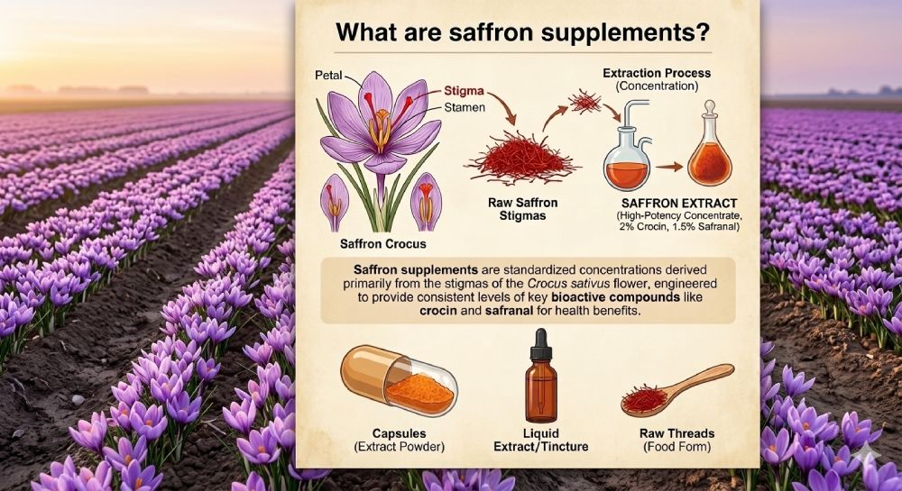 Close-up of saffron supplement capsules and red saffron threads – explanation of what saffron supplements are, their uses, and benefits.
