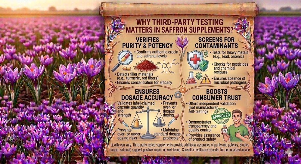 Saffron supplement capsules and Crocus sativus threads highlighting the importance of third-party testing for quality and safety.